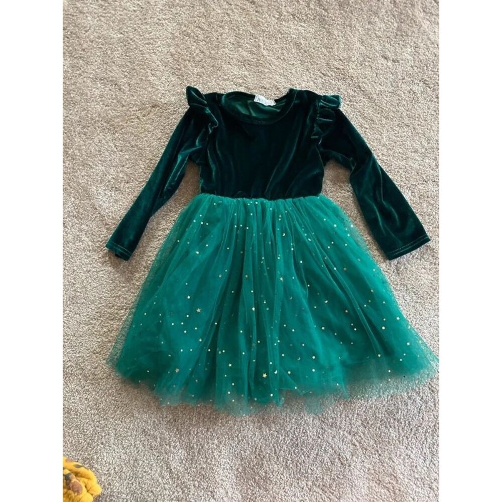 NNJXD Girls Green Velvet Tulle Star Party Dress Sz 110 (4T-5T)